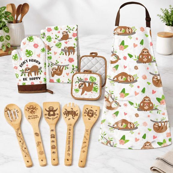 10-Piece Sloth Themed Kitchen Utensil Set with Wooden Spoons, Apron, Towel, Oven Mitt and Pot Holders