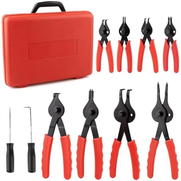 10-Piece Snap Ring Pliers Set, Heavy Duty Internal & External Circlip Pliers Kit with Straight/Bent Tips, Hook, Pick, C-Clip Ring and Circlip Removal Tool for Automotive & Mechanical Repair