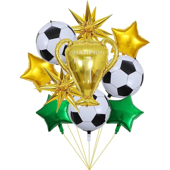 10-Piece Soccer Balloons Set  25" Gold Trophy Balloon + 22" 4D Black/White Soccer Balloons  World Cup Theme Party Decor  For Birthday, Baby Shower  Foil, Helium or Air Fill