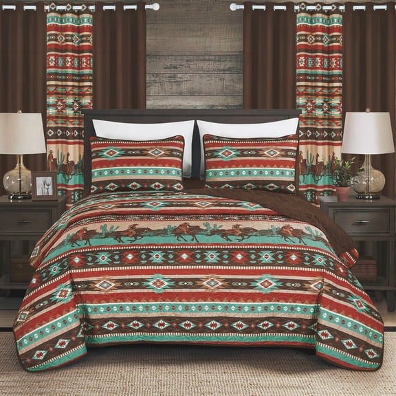 10-Piece Southwestern Cowboy Aztec Bedspread Set with Curtains – All-in-One Rustic Bedding & Window Decor, King