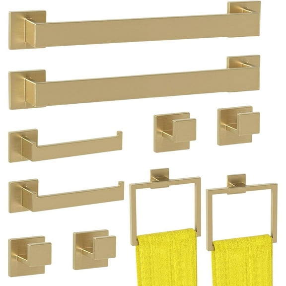 stusgo Gold 10-Piece Square Bathroom Hardware Set,2 Stainless Steel 40cm Towel Bars, 2 Towel Racks, 2 Toilet Paper Holders for Bath Room,4 Robe Towel Hooks,Wall Mounted Towel Rack Kit（Gold ）