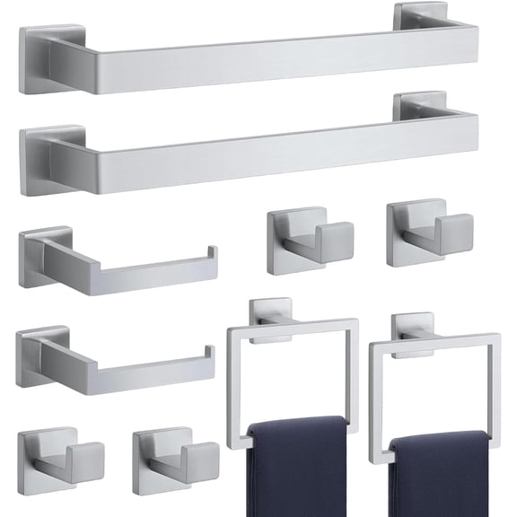 stusgo Silver 10-Piece Square Bathroom Hardware Set with Towel Bar, Hook, Toilet Paper Holder and Ring(Silver)