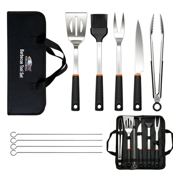 10-Piece Stainless Steel BBQ Tool Set with Carry Bag, Dishwasher Safe for Camping, Backyard Patio & Picnic, Solid Black