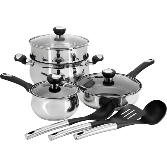 10 Piece Stainless Steel Belly-Shaped Cookware and Nonstick Utensil Set, Dishwasher Safe Pots and Pans with Saute Pan, Dutch Oven, Saucepan, and Kitchen Tools
