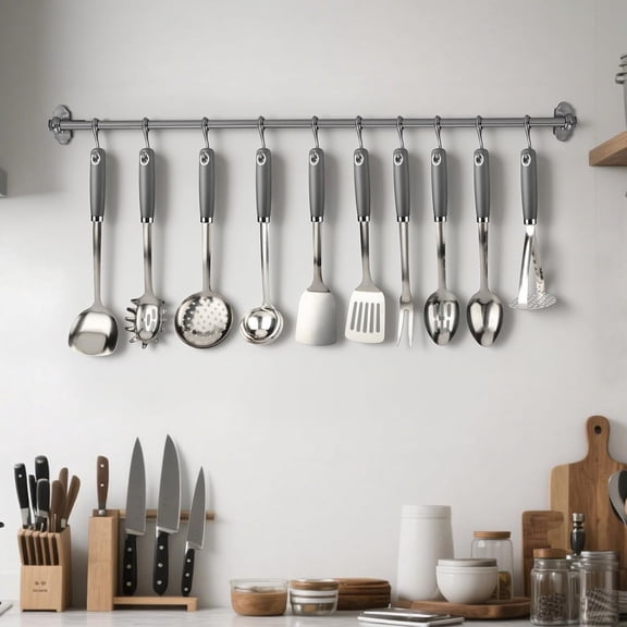 10 Piece Stainless Steel Cooking Utensils Set - Heavy Duty Kitchen Tools for Grilling & Serving (Grey)