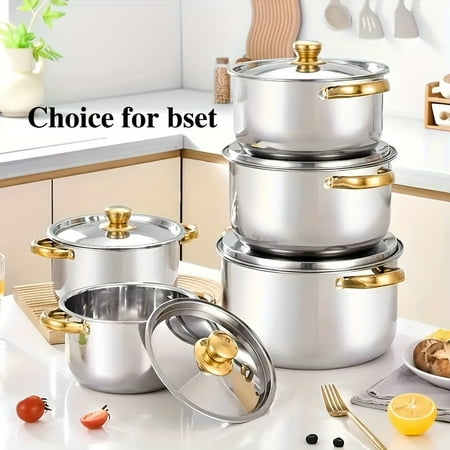 10-Piece Stainless Steel Cookware Set - Induction Compatible, Golden Handles, Includes Stockpot & Ricotta Pot for Home/Restaurant, Gift Ready