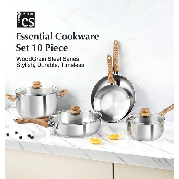 10-Piece Stainless Steel Cookware Set with Tri-Ply Base and Cool-Touch Handles for Induction