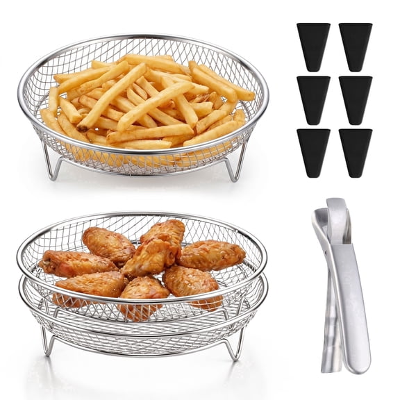 Vesteel Round Air Fryer Racks, 3 Pcs Stainless Steel Air Fryer Basket, 7.9’’ Dehydrator Rack for Oven Baking Frying Roasting, Includes Silicon Pads & Anti-Scald Clamp, Dishwasher Safe
