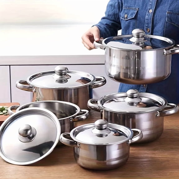 10-Piece Stainless Steel Soup Pot Cookware Set, Double Handle Stockpot with Lid, Induction Compatible, Multi-Use for Soup, Pasta and Seafood, Multiple Color Options Available
