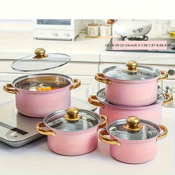 10-Piece Stainless Steel Soup Pot Cookware Set, Double Handle Stockpot with Lid, Induction Compatible, Multi-Use for Soup, Pasta and Seafood, Multiple Color Options Available