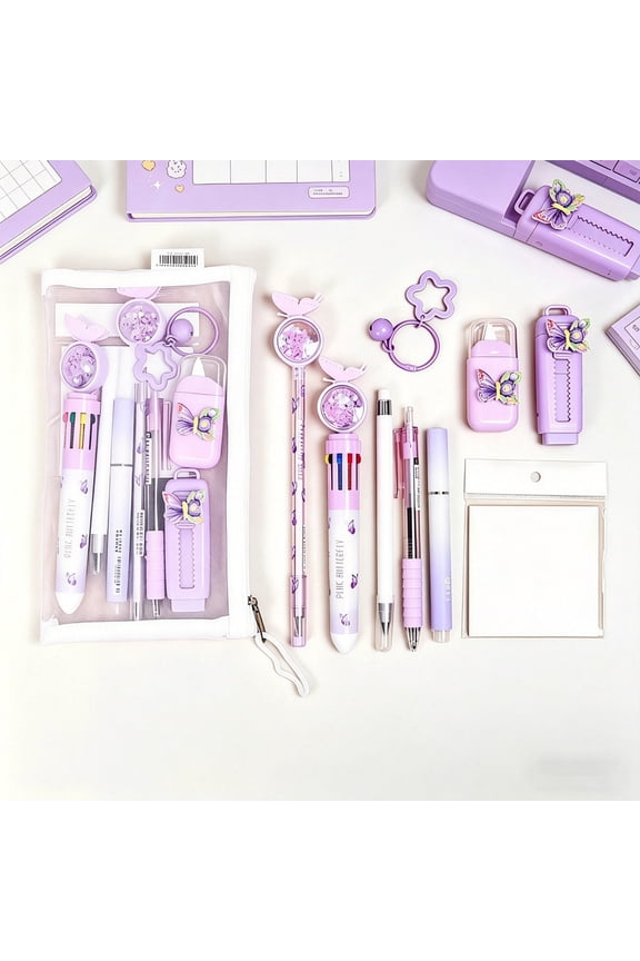 10-Piece Stationery Set, Plastic Pencil Case With Pens, Highlighter, Correction Tape, Note, Eraser, Pencil and Keychain for Daily Learning and Office Use