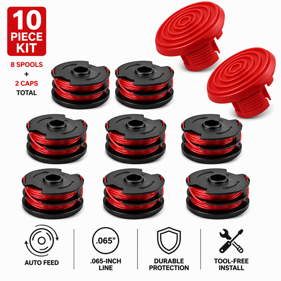 10-Piece String Trimmer Spool and Cap Kit for Black & Decker AF-100 GH900 LST136, 8 Pre-Wound Line Spools & 2 Spool Cap Covers (.065-Inch)