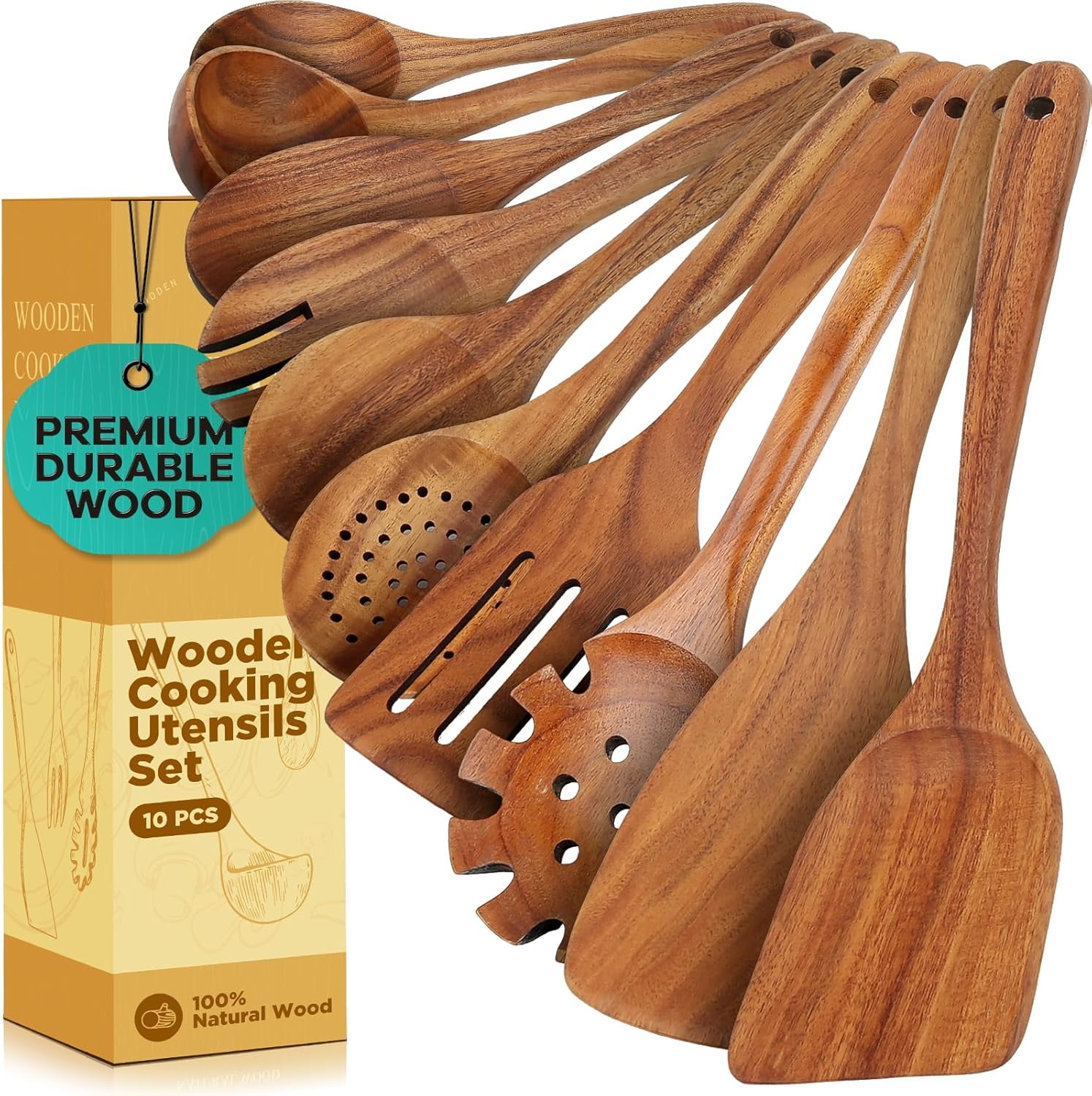 10-Piece Teak Wood Kitchen Utensils Set: Heat Resistant Cooking Spoons ...