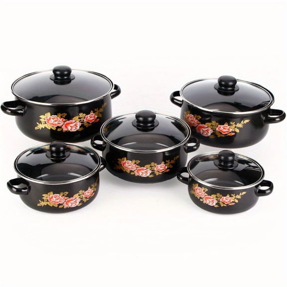 10-Piece Thick Enamel Cookware Set with Glass Lids for All Stovetops