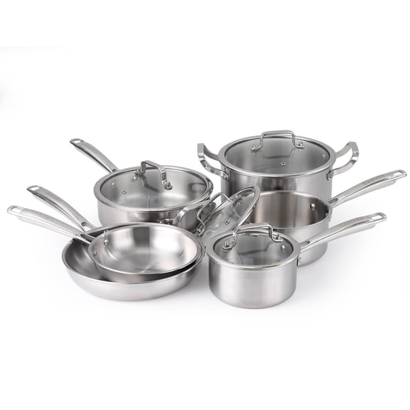 10-Piece Tri-Ply Stainless Steel Cookware Set with Lids, PFOA-Free Induction Compatible Pots & Pans for All Cooktops, Includes Fry Pan, Saucepan, Saut Pan & Stock Pot
