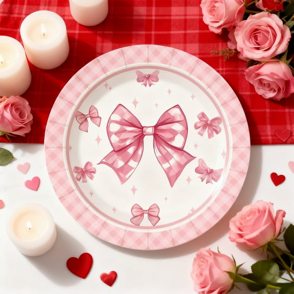 10-Piece Valentines Day Tableware Set Paper Cups Plates Napkins Bow Theme Party Decor Disposable Cutlery Romantic Dinner Holiday Celebration Festive Supplies for Special Occasions