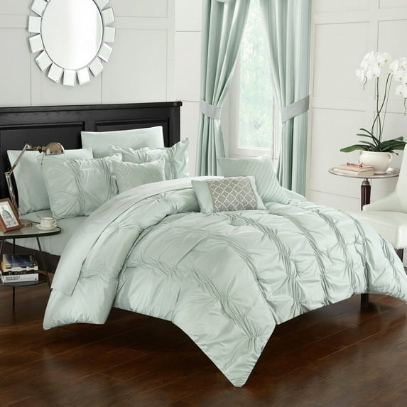 10 Piece Voni Pinch Pleated, ruffled and pleated complete Bed In a Bag Comforter Set Sheets set and Decorative pillows