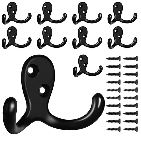 10 Piece Wall Mounted Hooks Heavy Duty Double Prong Metal Coat Hooks for Hanging Clothes Bags Towels, Versatile Use in Home Office Bathroom, Black