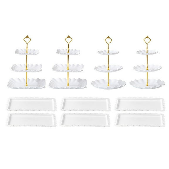 10-Piece Wave-Edged Dessert Stand Set - Alloy Crown Rod, Tiered Display for Cakes, Cupcakes, Fruit, Party & Wedding, Elegant White & Gold Serving Trays