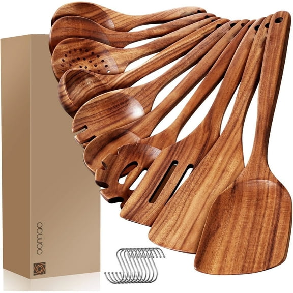10-Piece wooden Utensils for cooking – Natural Teak Kitchen Utensils Set, Heat-Resistant Wooden Spoons and Spatulas, Wood Cooking Utensils,  Non-Scratch & Eco-Friendly Kitchen Tools (BPA FREE)