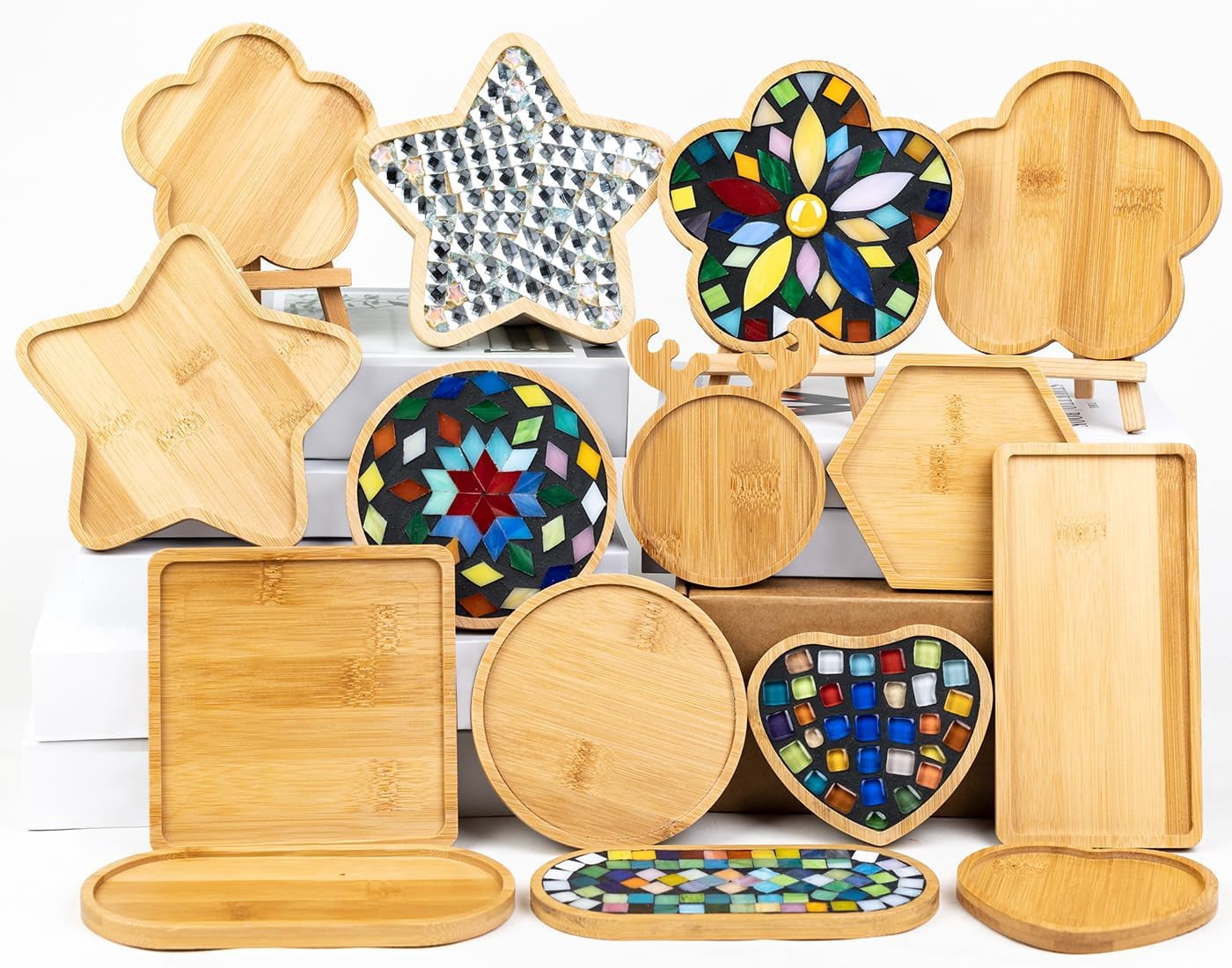 10-Piece Wooden Mosaic Bases – DIY Coaster Kit for Glass Tiles Crafts, Adults & Kids, Assorted Shapes (Round, Square, Hexagon, Rectangle, Oval, Floral, Heart, Star, Deer)