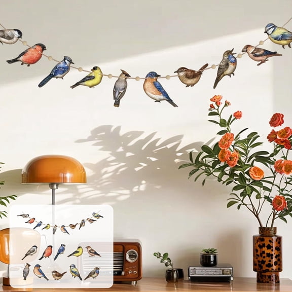 10 Piece Wooden Tropical Bird Hanging String Decor – 2D Flat Cutout with Rope & Beads for Patio Party Home Summer