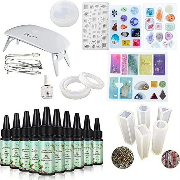 10 Pieces 30ML Crystal Epoxy Resin +12Molds with 100 Rings + UV Led Lamp+15ML Shine Oil For DIY Handcraft Jewelry Earrings Necklace Bracelet Making Crafting