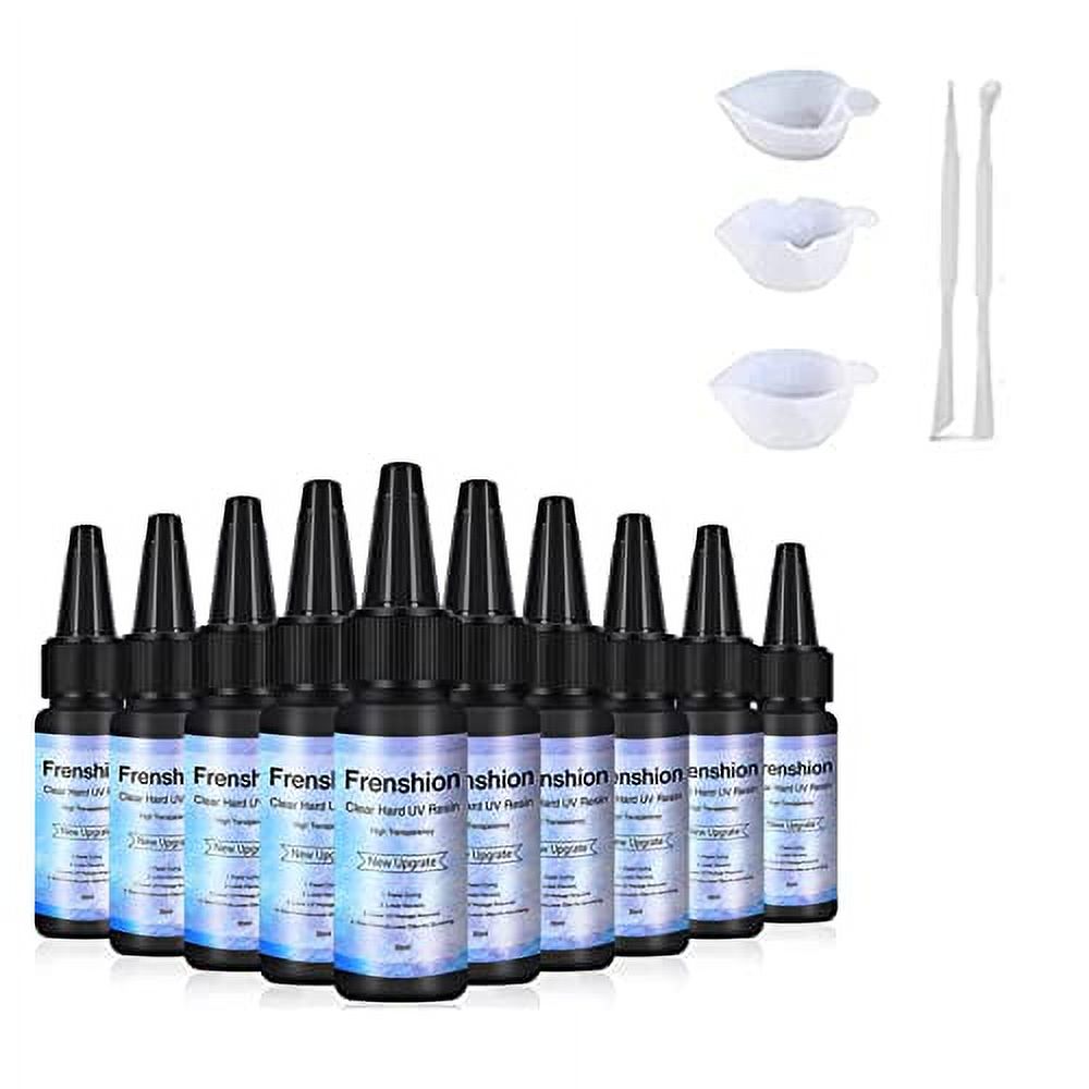 10 Pieces 30ML Upgrade 1 Min Quick Cure! Hard Crystal UV Resin, UV Glue Ultraviolet Curing, Solar Cure Sunlight Activated Resin Clear Adhesive Glue +5 Type of Silicone Resin Tool Cup Stick