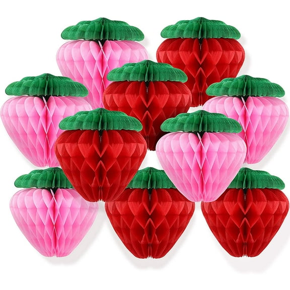 10 Pieces 6 Inch Paper Strawberry Honeycomb Ball Tissue Paper Strawberry Ball for Strawberry Birthday Party Decoration (Red and Pink)