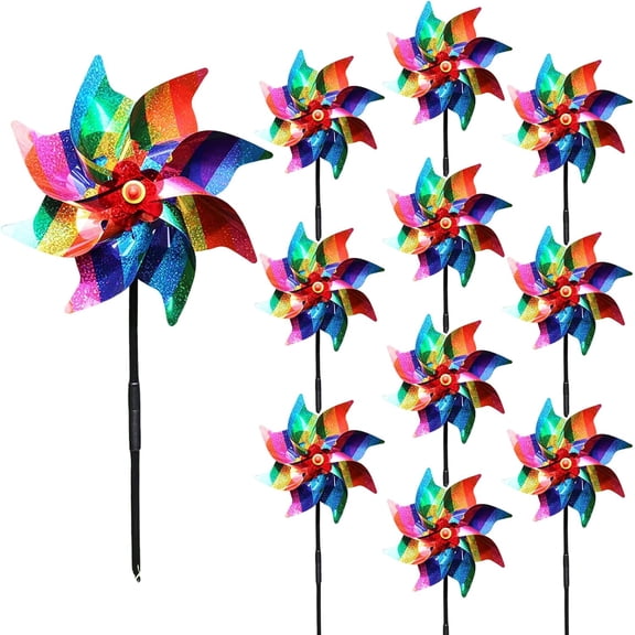 10 Pieces 9.5 Inches Rainbow Pinwheels Windmill Wind Spinners Outdoor for Yard Garden Lawn Bird Repellent, Plastic Foil Reflective Colorful Pin Wheels for Rainbow Pride Decorations