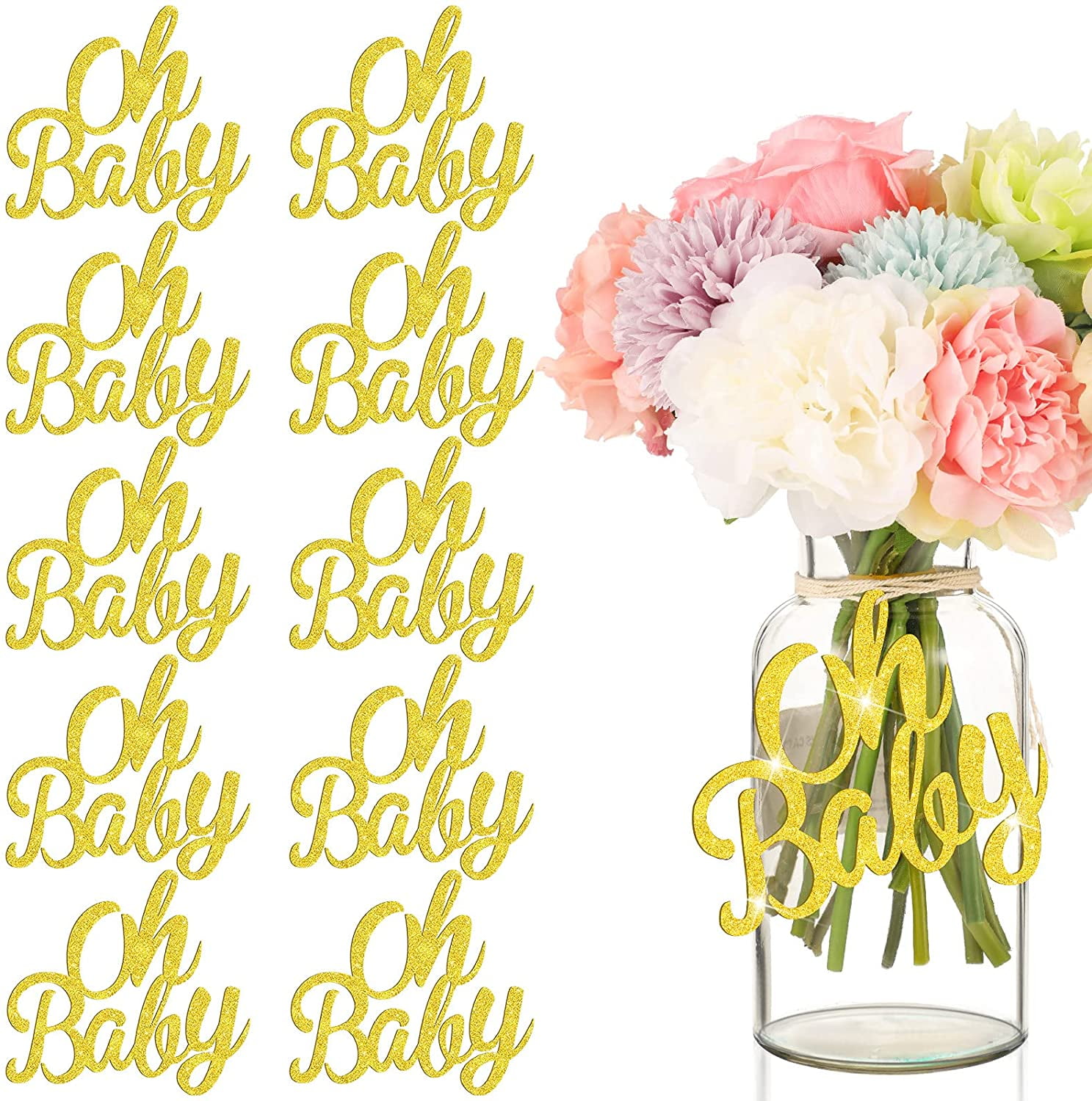 WSNIJFU 10 Pieces Baby Shower Cutout, Baby Table Centerpiece, Glitter Gender Reveal Party Decoration, Baby Shower Table Decoration with Rope for Home Birthday Party, Kids' Party Decoration (Gold)