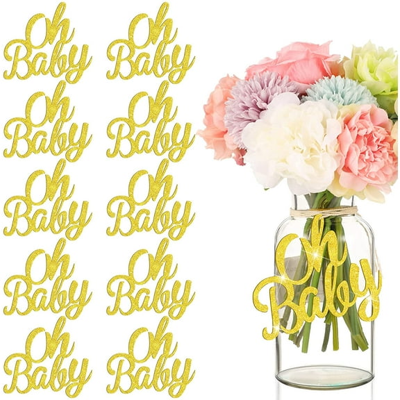 WSNIJFU 10 Pieces Baby Shower Cutout, Baby Table Centerpiece, Glitter Gender Reveal Party Decoration, Baby Shower Table Decoration with Rope for Home Birthday Party, Kids' Party Decoration (Gold)