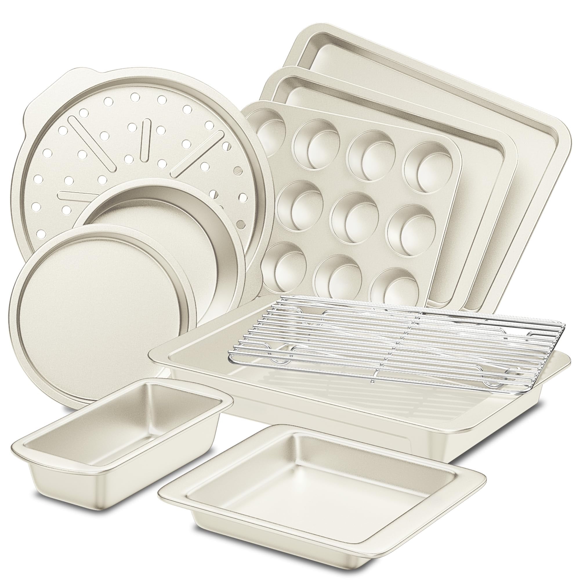 HONGBAKE Bakeware Sets, Baking Pans Set, Nonstick Oven Pan for Kitchen with Wider Grips, 10 Pieces Including Rack, Cookie Sheet, Cake Pans, Loaf Pan, Muffin Pan, Pizza Pan - Cream - Walmart.com