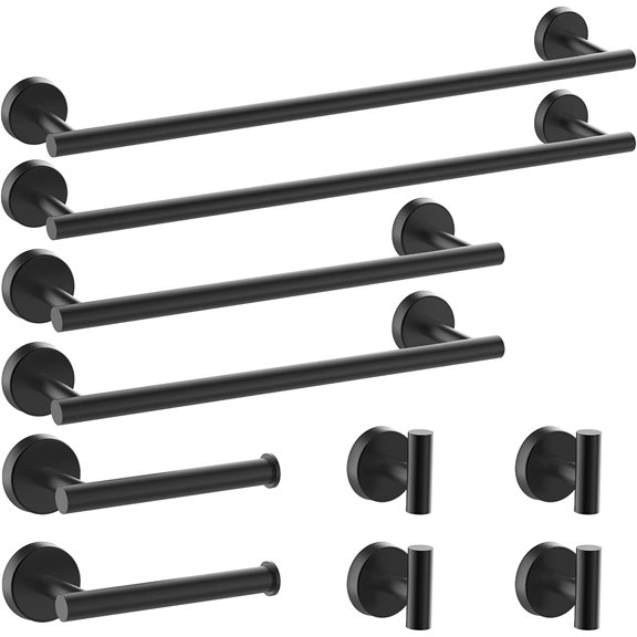 10-Pieces Bathroom Hardware Set, Includes 24 Inch Towel Racks for Bathroom Wall Mounted, Toilet Paper Holder, Towel Hooks for Bathrooms, Towel Rings for Bathroom Wall (Matte Black)