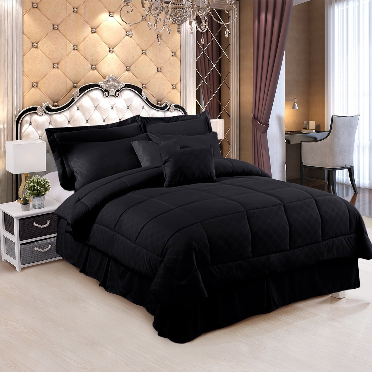 10 Pieces Bed in a Bag Bedding Comforter Set,Quilted Diamond Pattern,Cal  King,Black