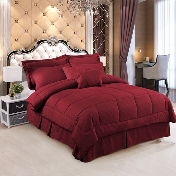 10 Pieces Bed in a Bag Bedding Comforter Set,Quilted Diamond Pattern, King,Burgundy