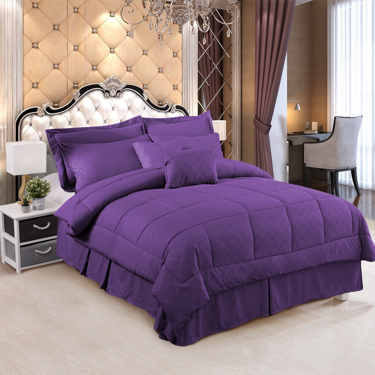 10 Pieces Bed in a Bag Bedding Comforter Set,Quilted Diamond Pattern, King,Purple