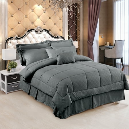 10 Pieces Bed in a Bag Bedding Comforter Set,Quilted Diamond Pattern, Queen,Grey