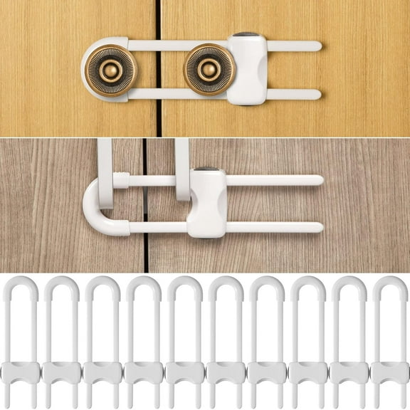 10 Pieces Cabinet Locks for Babies, U-Shaped Proofing Drawers Safety Child Locks Adjustable, Easy to Use Childproof Latch for Knob Handle on Kitchen Door Storage Cupboard Closet (White)