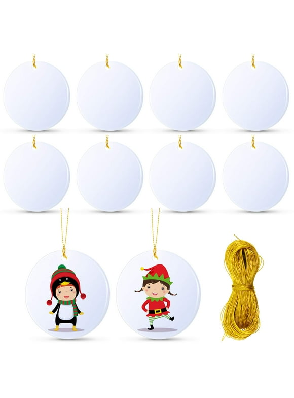 10 Pieces Christmas Sublimation Ceramic Ornament Blank Ceramic Hanging Disc Ornament Porcelain Round Decoration Personalized Christmas Tree Sublimation Pendant for DIY Holiday Decor, 3 Inch