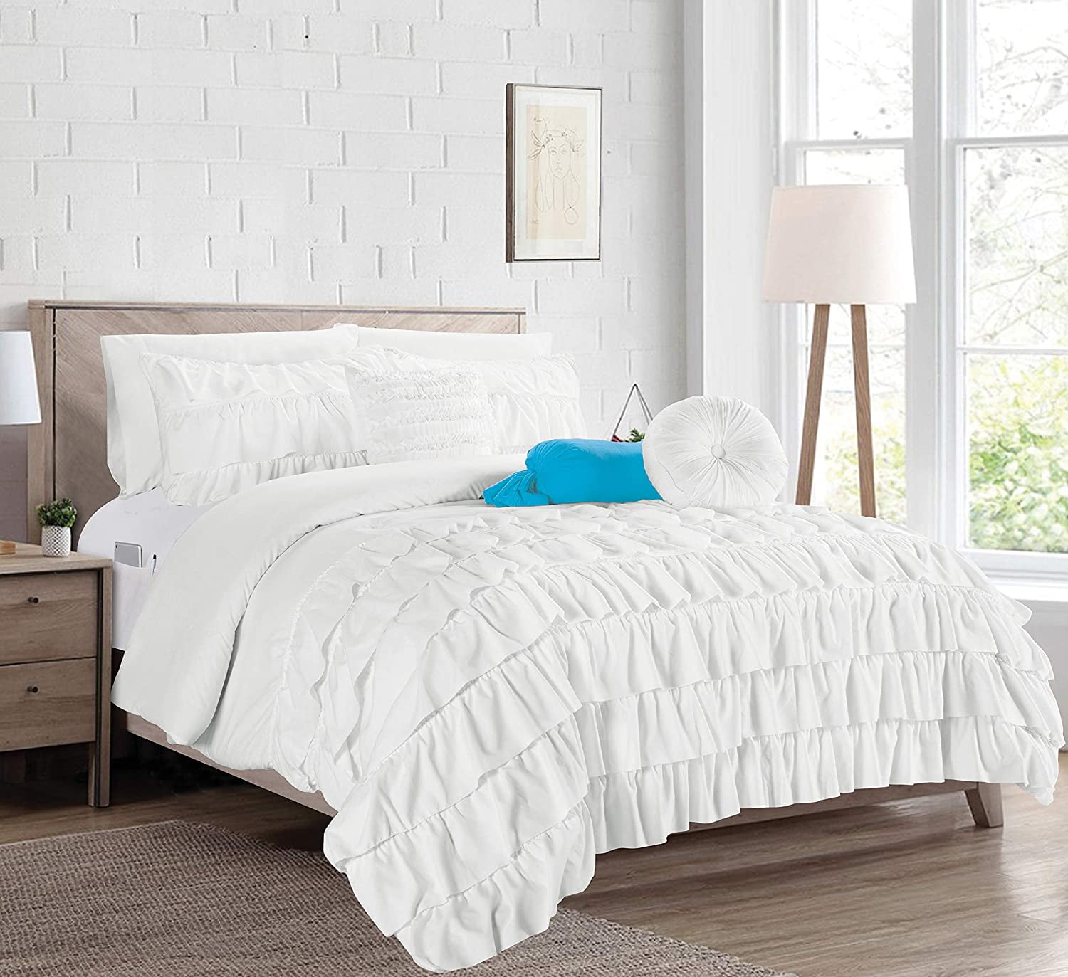 10-Pieces Cindyrealla Multiruffle Comforter Set, Includes Bed Sheet Set with Double Sided Smart Storage Pockets, Full/Queen, White
