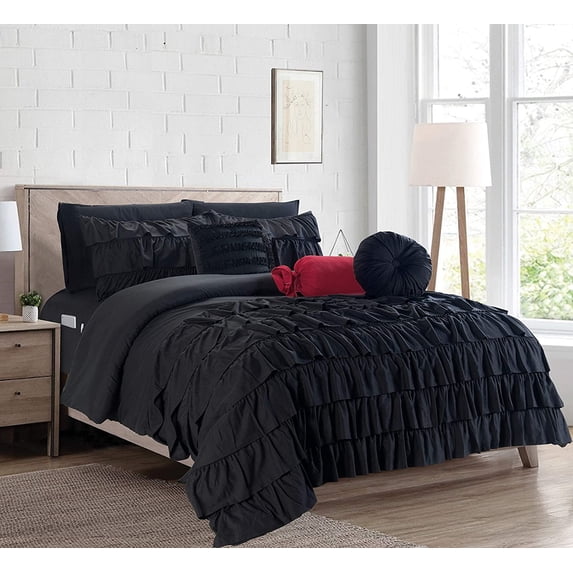 10-Pieces Cindyrealla Multiruffle Comforter Set, Includes Bed Sheet Set with Double Sided Smart Storage Pockets, King/Cal King, Black