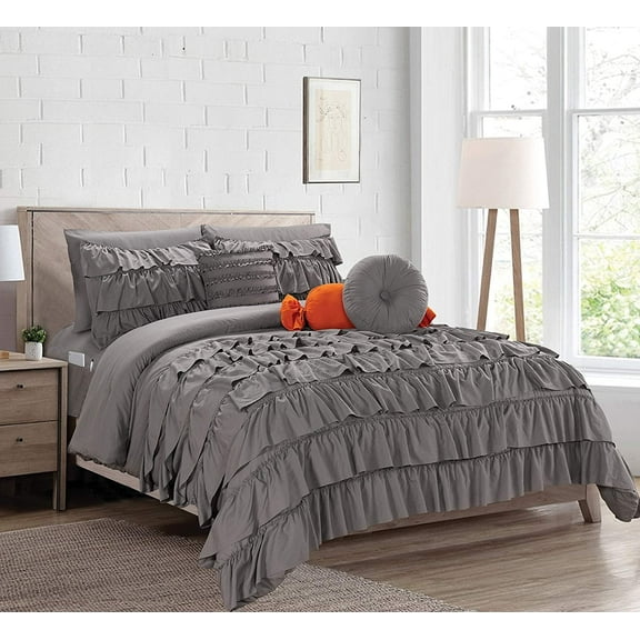 10-Pieces Cindyrealla Multiruffle Comforter Set, Includes Bed Sheet Set with Double Sided Smart Storage Pockets, King/Cal King, Grey