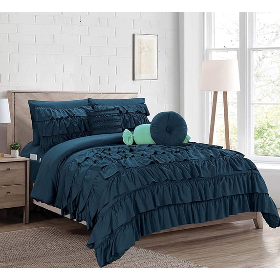 10-Pieces Cindyrealla Multiruffle Comforter Set, Includes Bed Sheet Set with Double Sided Smart Storage Pockets, King/Cal King, Navy Blue