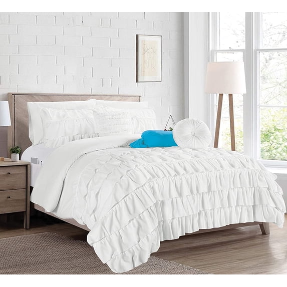 10-Pieces Cindyrealla Multiruffle Comforter Set, Includes Bed Sheet Set with Double Sided Smart Storage Pockets, King/Cal King, White