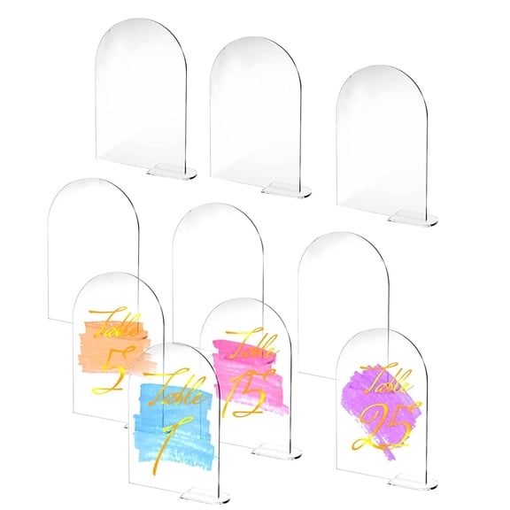 10 Pieces Clear Acrylic Place Cards with Stand Seating Cards Table Numbers Hand Written Arched Acrylic for Banquet Wedding Reception