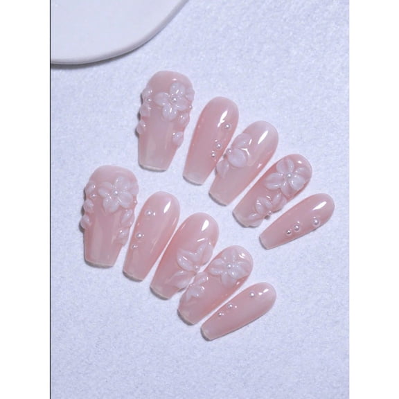 10 Pieces Coffin Medium Long Nude Pink 100% Handmade Press Nails French Style 3D Hand