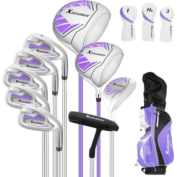 XDriveMax 10 Pieces Complete Golf Clubs Set Right Hand for Women Includes Stand Bag with Rain Hood, 1#Driver 3#Wood #5 Hybrid,with 3 Head Covers, 6# 7# 8# 9# PW# Irons and Putter, Purple