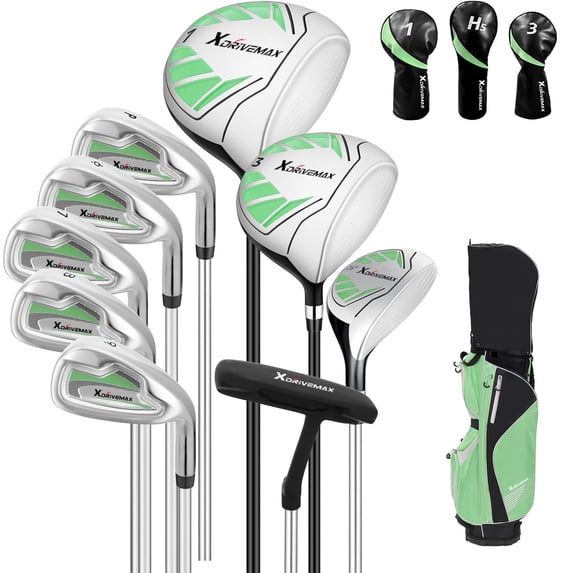 XDriveMax 10 Pieces Complete Womens Golf Clubs Set Right Hand for Female Includes Stand Bag with Rain Hood, 1#Driver 3#Wood #5 Hybrid,with 3 Head Covers, 6# 7# 8# 9# PW# Irons and Putter Green
