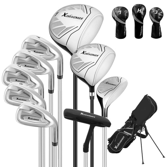 XDriveMax 10 Pieces Complete Mens Golf Clubs Set Right Hand for Men Includes Stand Bag with Rain Hood, 1#Driver 3#Wood #5 Hybrid,with 3 Head Covers, 6# 7# 8# 9# PW# Irons and Putter Grey